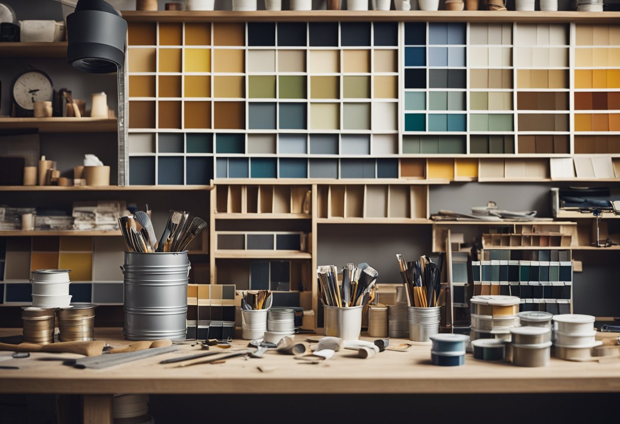 A cluttered room with paint swatches, measuring tape, and floor plans scattered on a table. Tools and materials are neatly organized on shelves and a ladder leans against the wall