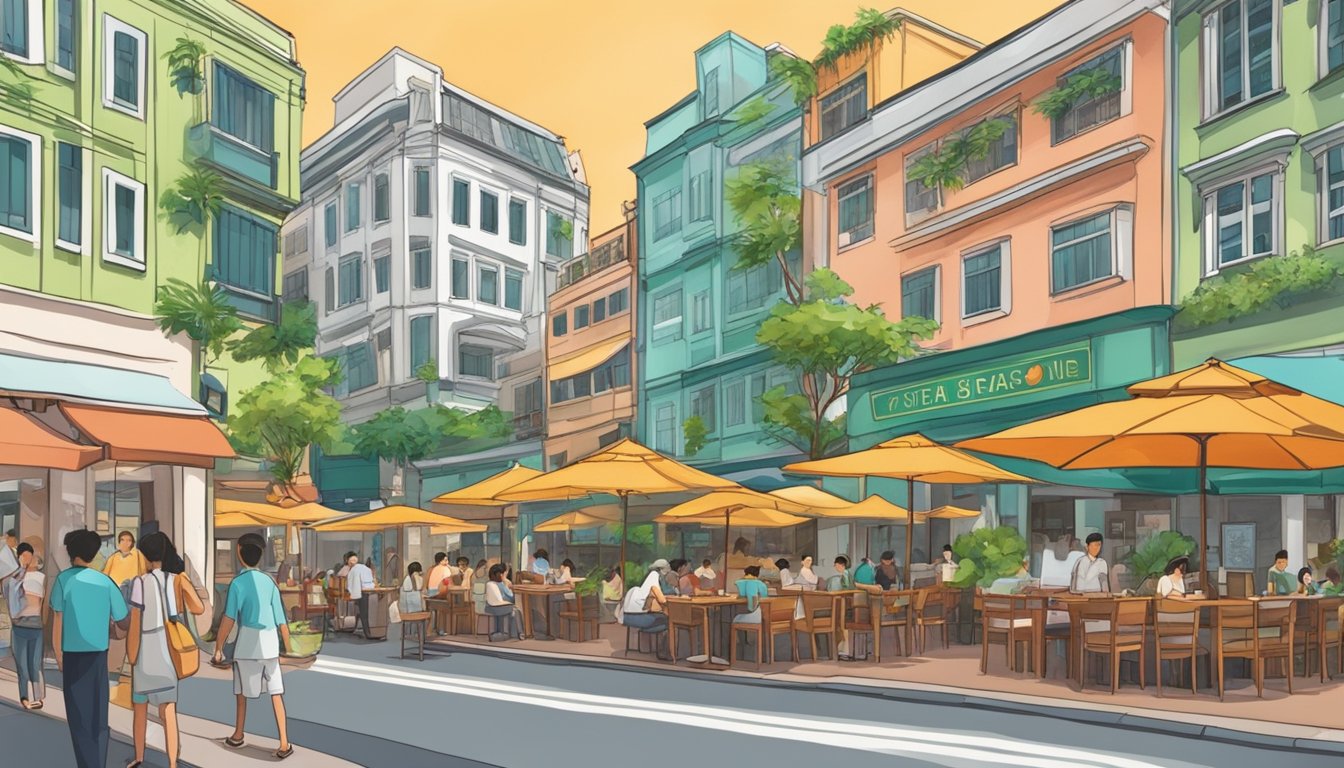 A bustling street in Singapore, with colorful signs and outdoor seating at vegetarian-friendly restaurants. Customers enjoy plant-based dishes and exotic flavors