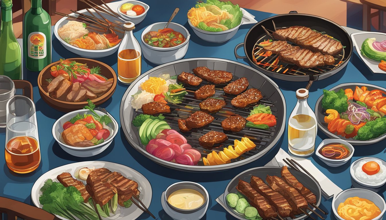 A vibrant restaurant scene with sizzling grills, colorful side dishes, and soju bottles lining the tables, creating a lively and immersive Korean BBQ experience