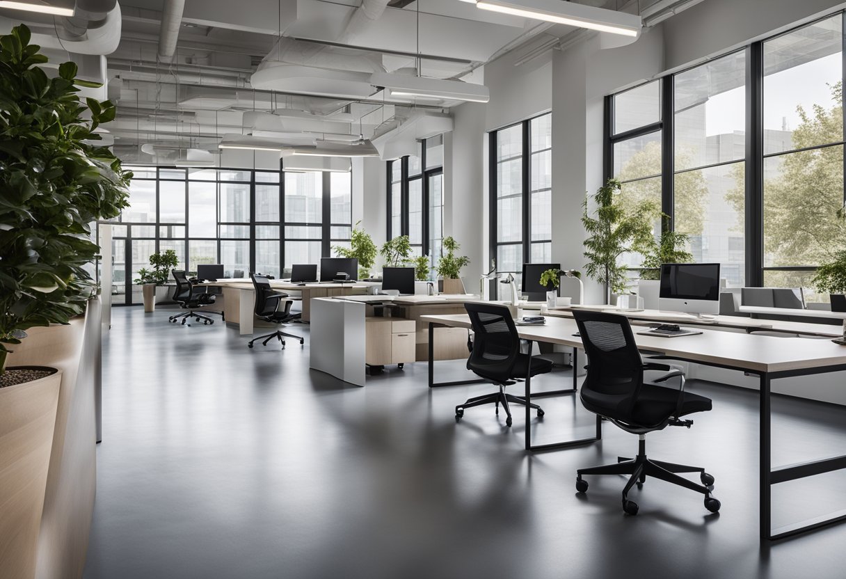 Sleek desks, ergonomic chairs, and minimalist decor fill the open-plan office. Natural light floods the space through floor-to-ceiling windows, illuminating the clean lines and neutral color palette