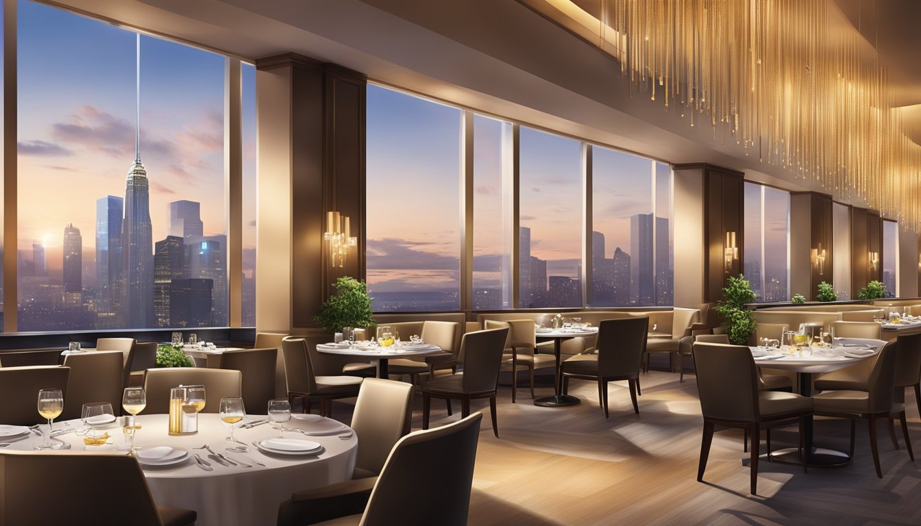 The elegant Westin hotel restaurant features modern decor, soft lighting, and a view of the city skyline