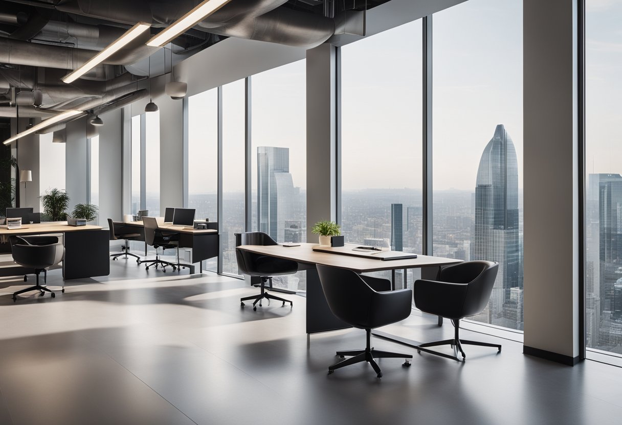 A sleek, spacious office with minimalist furniture, high ceilings, and large windows offering a panoramic city view. The design exudes luxury and sophistication, with a blend of neutral colors and modern accents