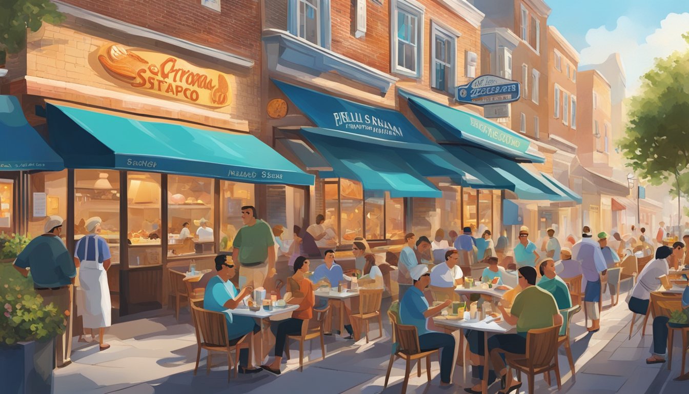 A bustling seafood restaurant with colorful signage and outdoor seating along a busy street. The aroma of sizzling seafood fills the air
