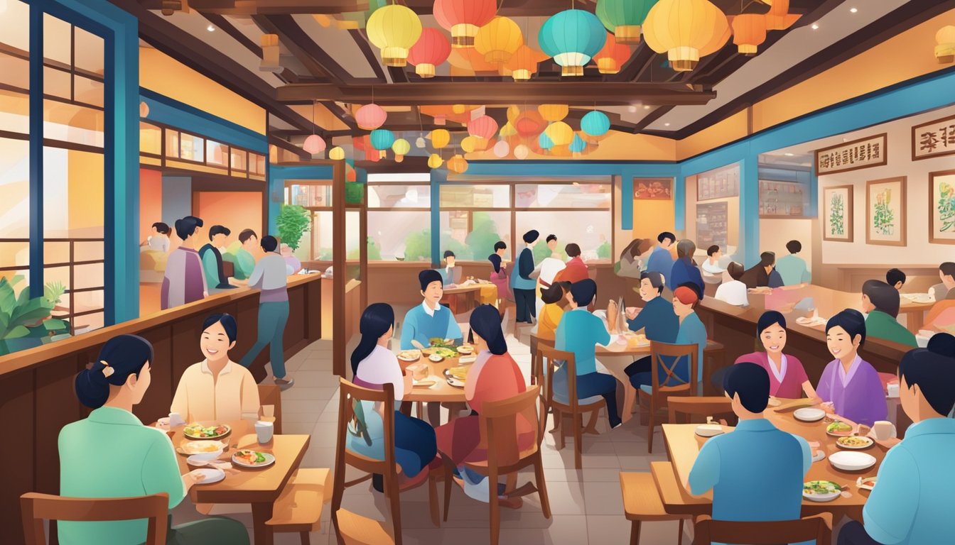A bustling Korean restaurant with colorful decor, steaming dishes, and happy patrons enjoying traditional music and lively conversation
