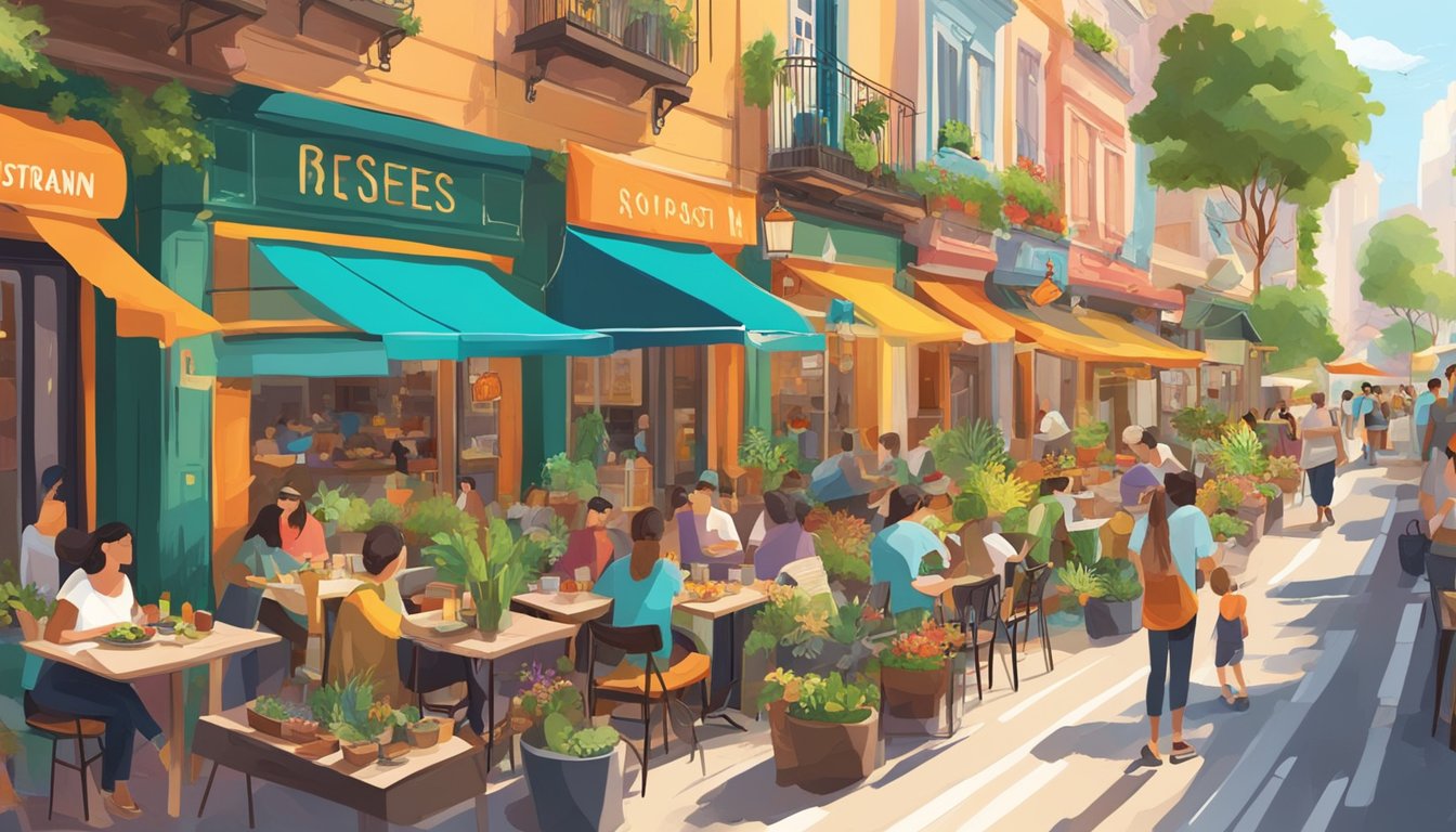 A bustling street lined with colorful vegetarian restaurants, each with outdoor seating and vibrant plant-based dishes on display. A mix of locals and tourists enjoy diverse cuisines from around the world