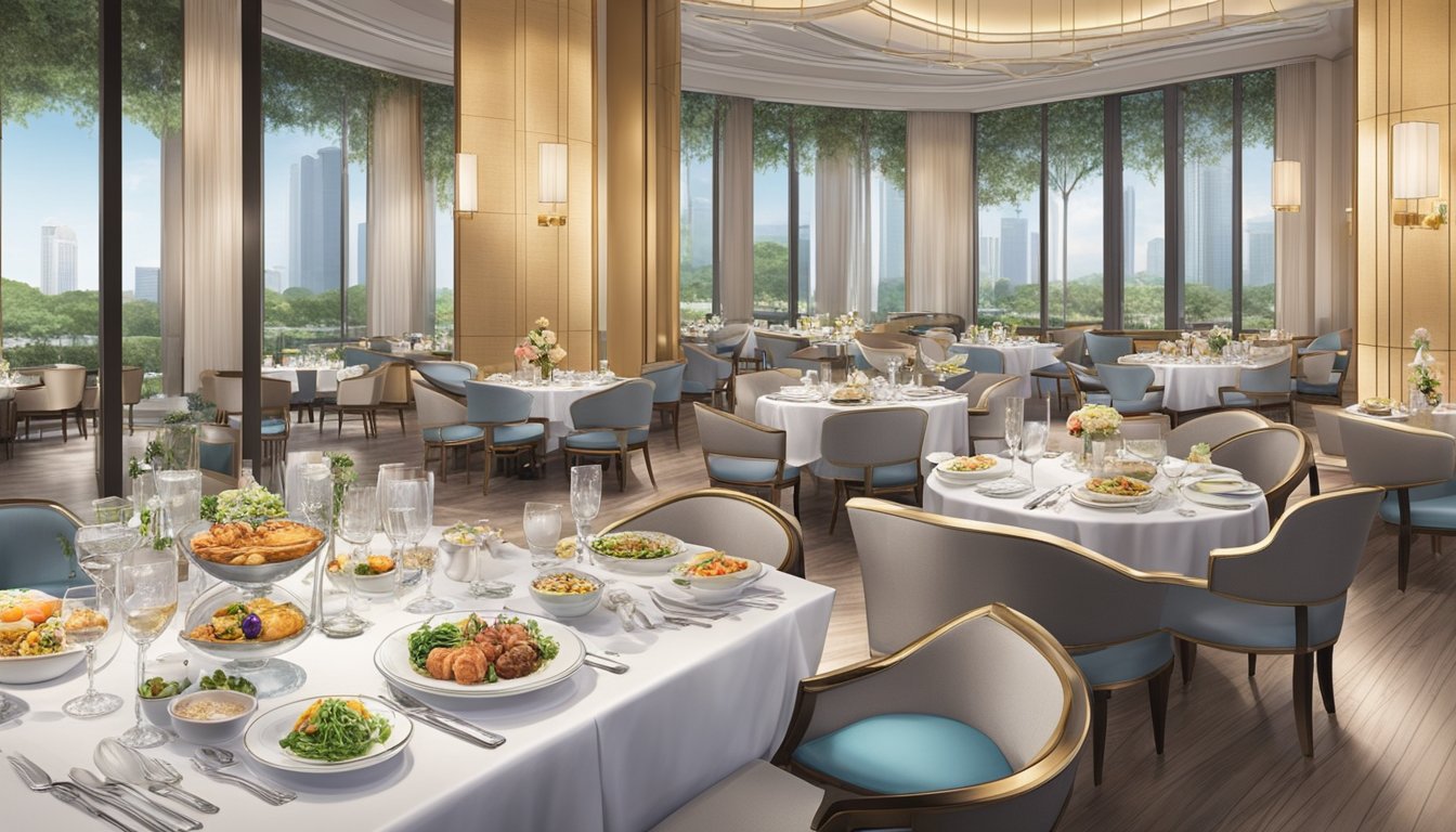 A colorful array of gourmet dishes fills the elegant dining area at Westin Singapore. The tables are set with fine china and sparkling glassware, creating a luxurious atmosphere for guests to enjoy their gastronomic delights