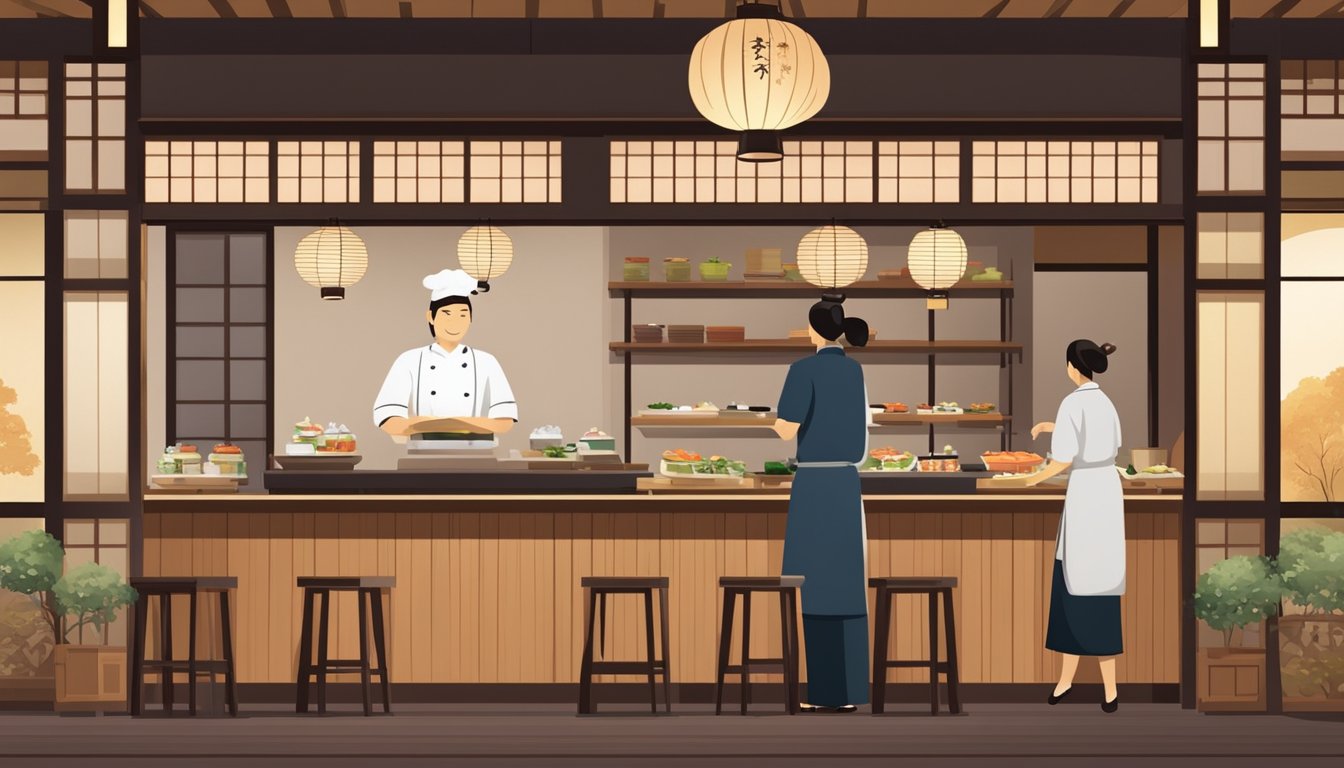 Traditional Japanese restaurant with paper lanterns, wooden tables, and sliding doors. A chef prepares sushi behind a counter while customers enjoy their meals