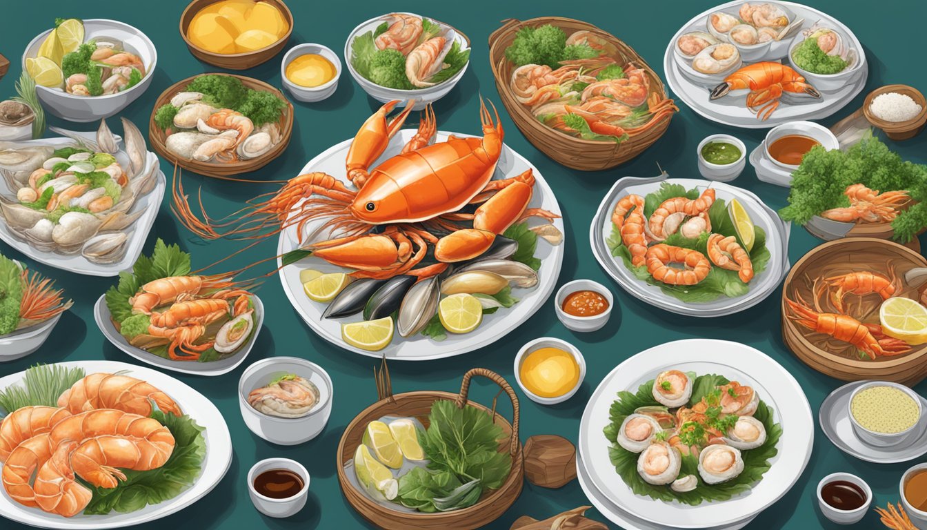 A table adorned with an array of fresh seafood dishes at Fatt Kee Seafood Restaurant