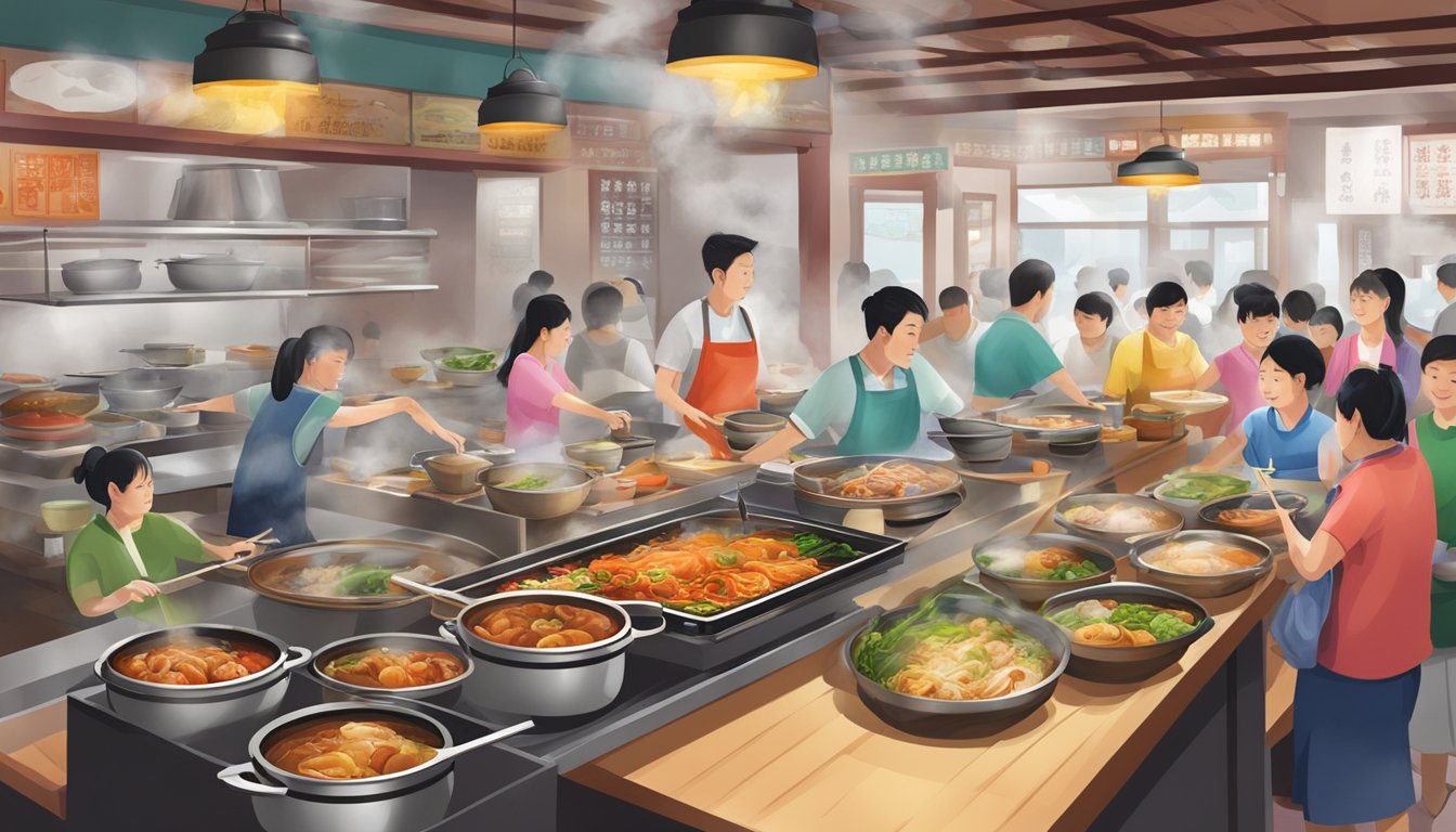 A bustling Chinese restaurant in Yishun, with steaming hot pots, sizzling woks, and colorful dishes being served to eager customers