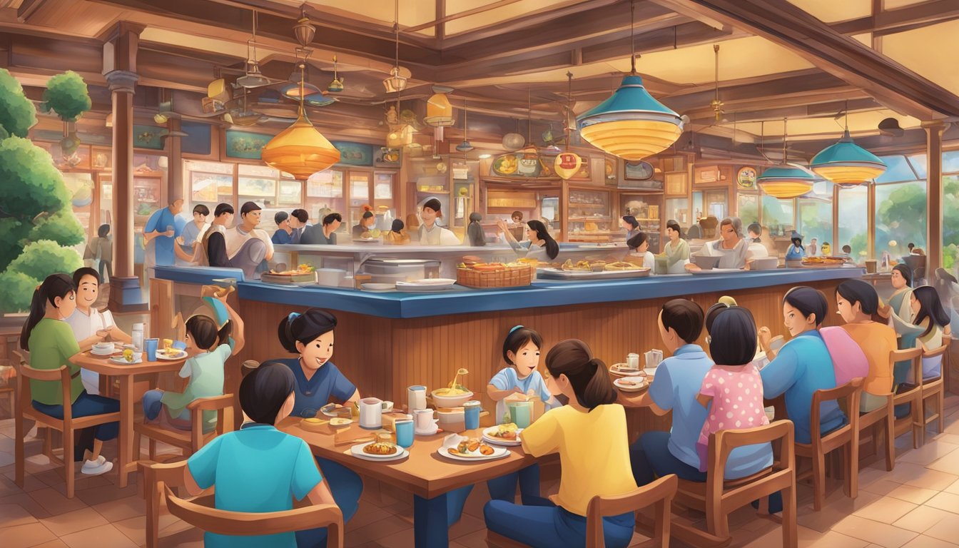 Colorful Disneyland Japan restaurants bustling with families, serving diverse cuisines amidst iconic Disney decor and cheerful ambiance