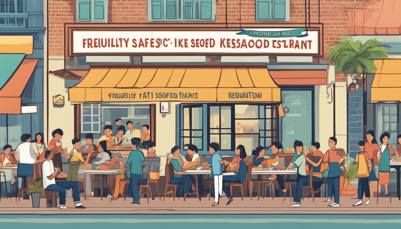 A bustling seafood restaurant with a sign that reads "Frequently Asked Questions fatt kee seafood restaurant" surrounded by hungry customers and the smell of sizzling seafood