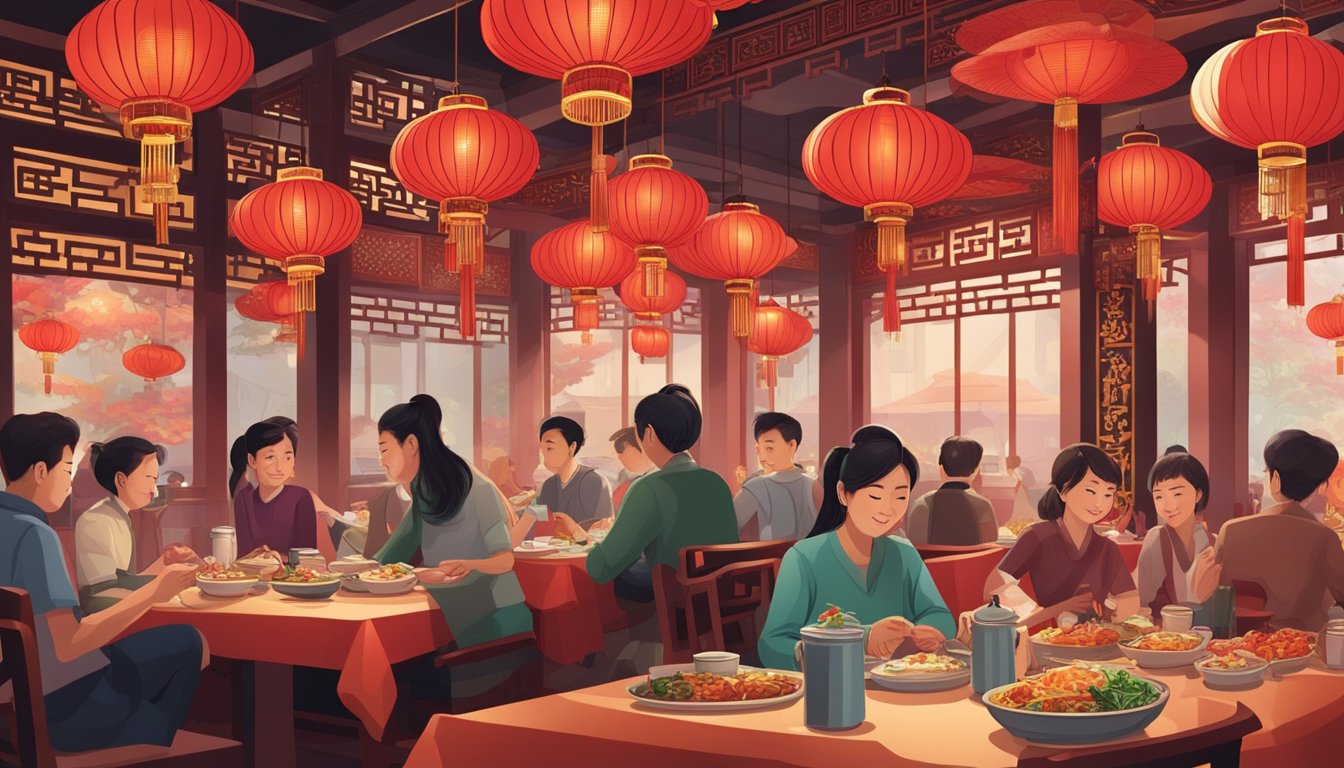 Customers enjoying a variety of traditional Chinese dishes in a bustling restaurant adorned with red lanterns and ornate decorations