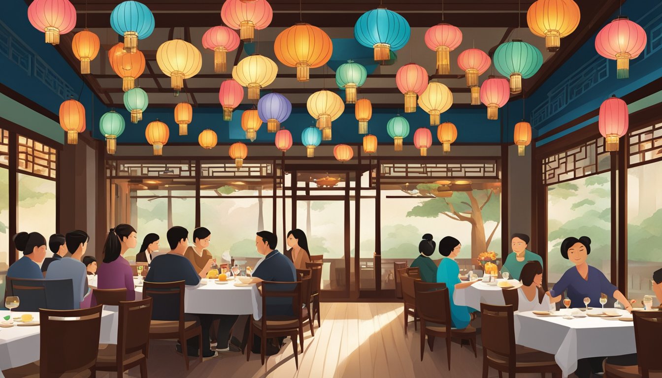 People dining at Cho Restaurant, with colorful lanterns hanging from the ceiling and traditional Asian decor creating a warm and inviting atmosphere