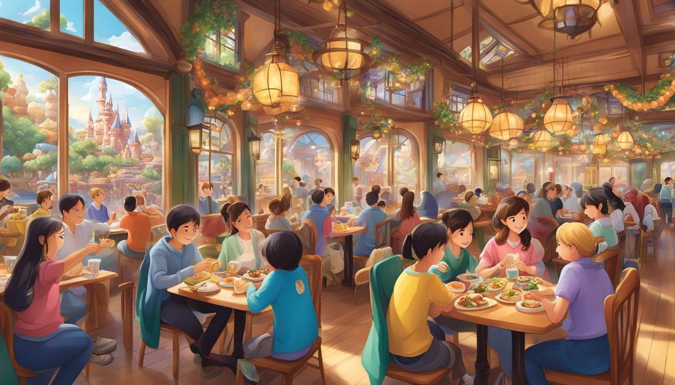 Guests enjoying themed dining at Tokyo Disneyland and DisneySea. Colorful restaurants and delicious food create a lively atmosphere