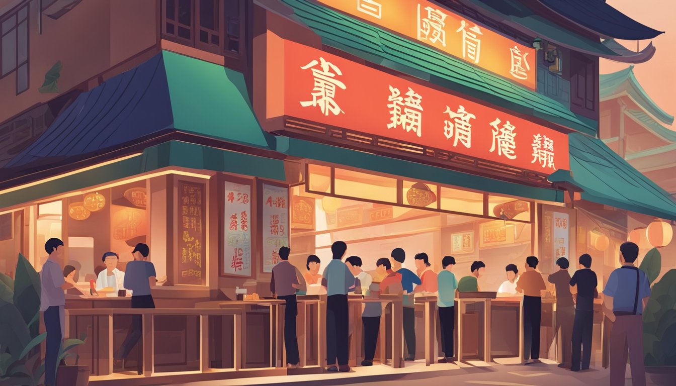Customers lining up outside a traditional Chinese restaurant in Yishun, Singapore. Brightly lit sign, bustling atmosphere, and a mix of aromas in the air
