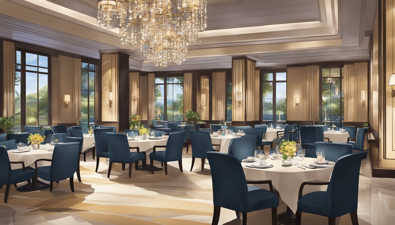 The elegant restaurant at the Westin hotel features luxurious dining experiences and amenities, with chic decor, ambient lighting, and attentive service