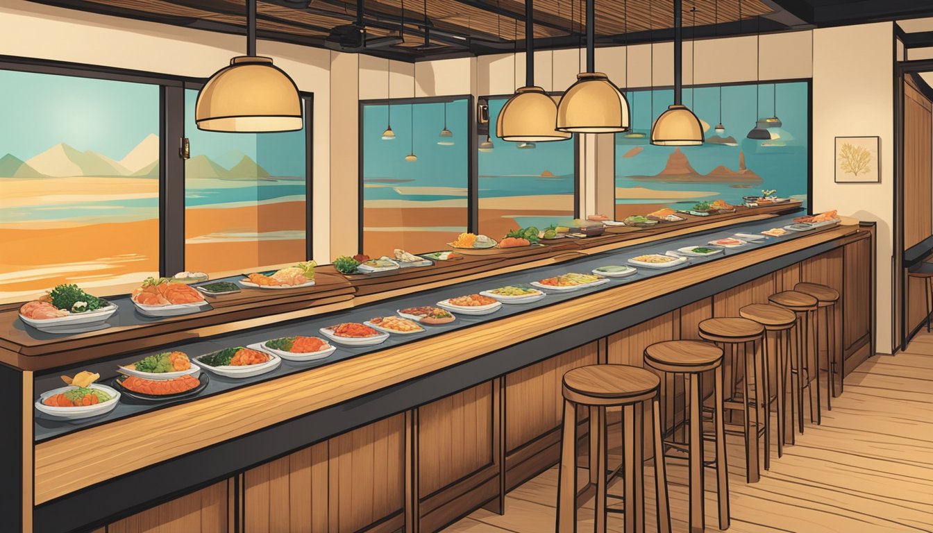 A vibrant sushi bar with colorful plates and fresh seafood displayed on a sleek, wooden counter at Cho Omakase Specials cho restaurant