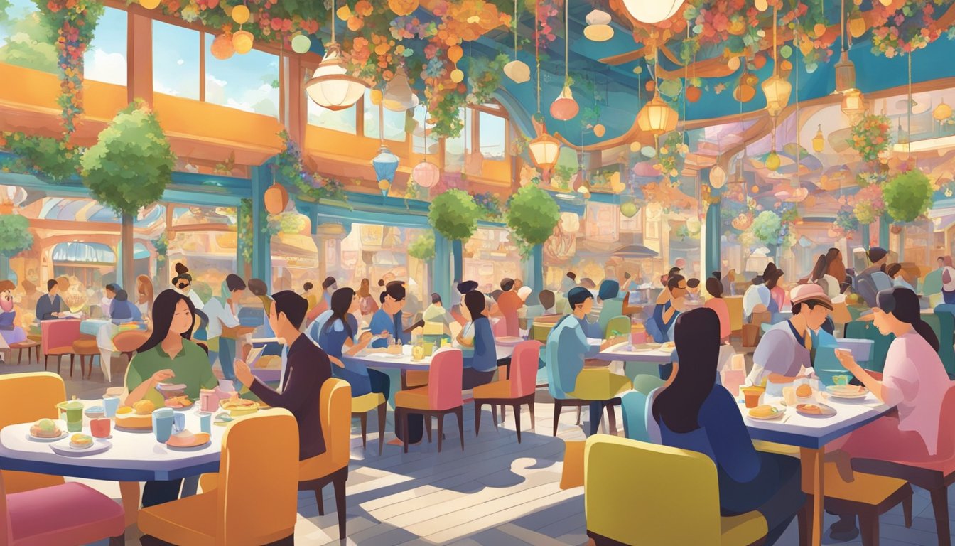 Visitors dine at colorful restaurants in Disneyland Japan, surrounded by whimsical decor and delectable cuisine
