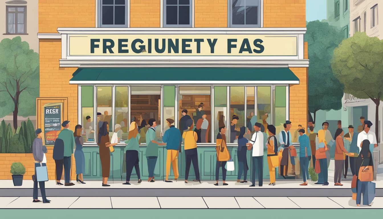 Customers line up at the entrance of the restaurant. A sign reads "Frequently Asked Questions" in bold letters. The interior is bustling with activity
