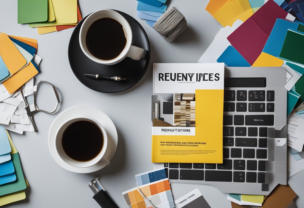 A stack of home renovation magazines surrounded by paint swatches and measuring tape on a cluttered desk. A laptop displaying "Frequently Asked Questions diy home renovation ideas" is open to a webpage