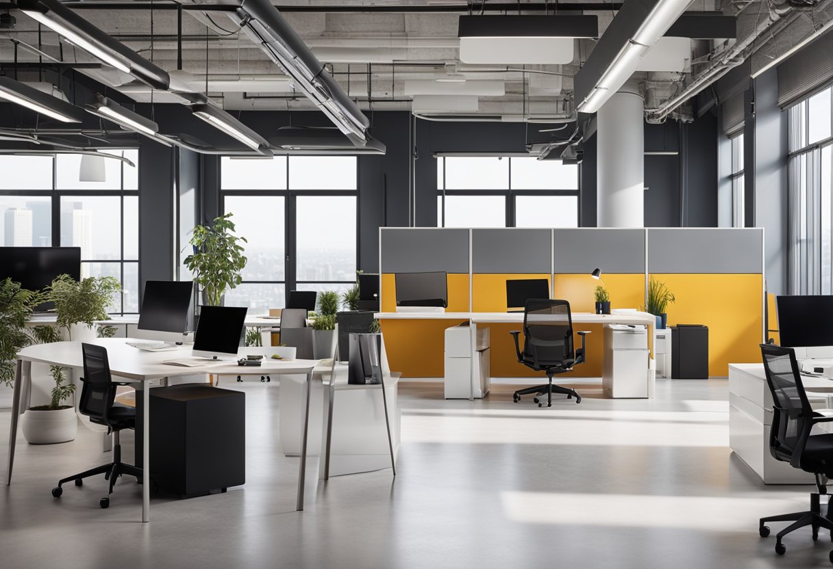 A sleek, open-plan office with minimalist furniture, natural light, and pops of color. Clean lines and modern materials create a professional yet inviting atmosphere