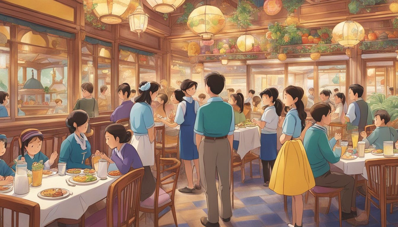 Guests line up at colorful Disneyland Japan restaurants, eagerly asking staff about menu options. The aroma of delicious food fills the air as families explore their dining choices
