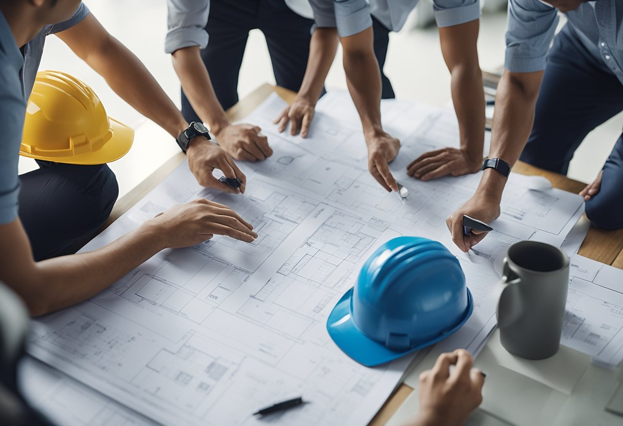 A group of contractors discussing renovation plans for an HDB apartment, with blueprints and tools scattered on the table