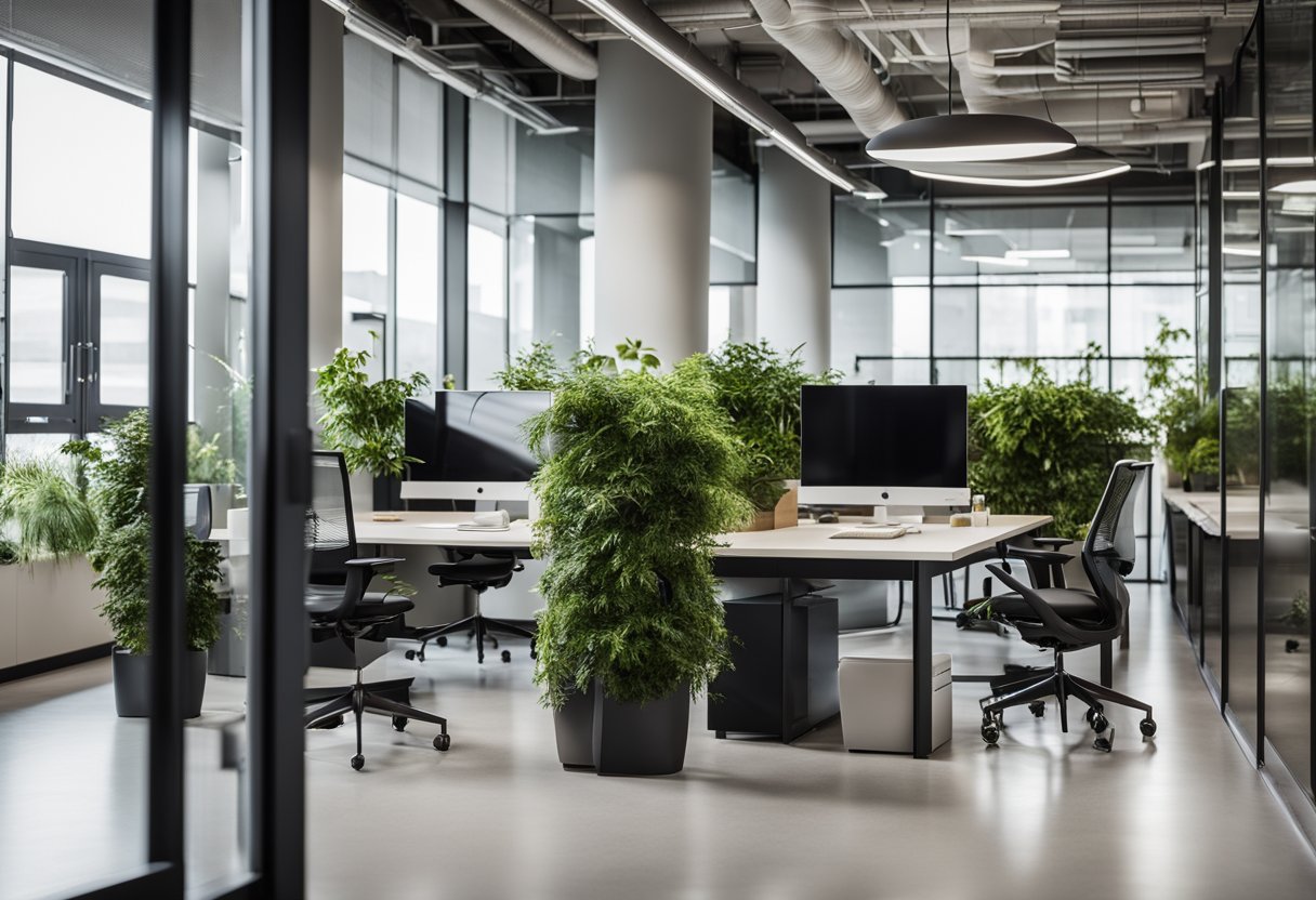 A sleek, open-concept office space with modular workstations, ergonomic furniture, and plenty of natural light. Glass partitions and greenery promote a sense of transparency and well-being