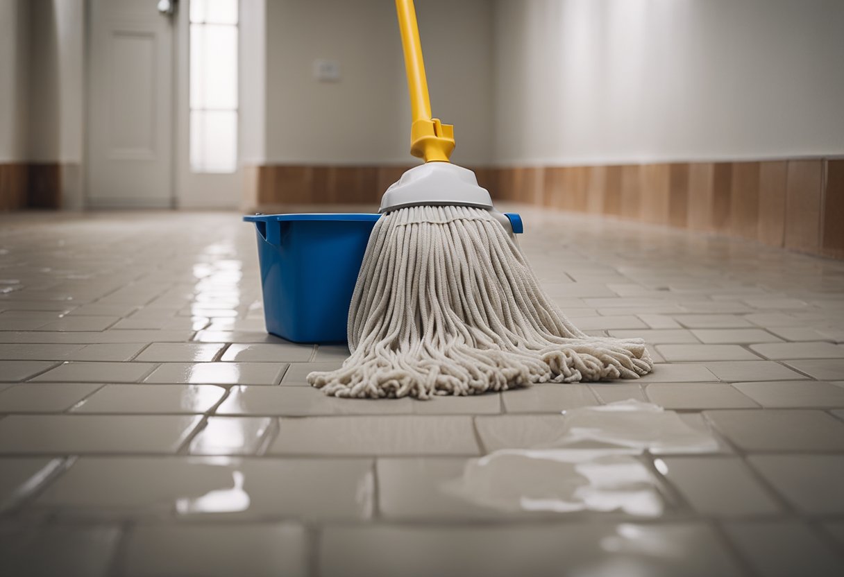 A mop glides over freshly laid tiles, removing dust and debris left behind from renovation. A bucket of soapy water sits nearby, ready to be used