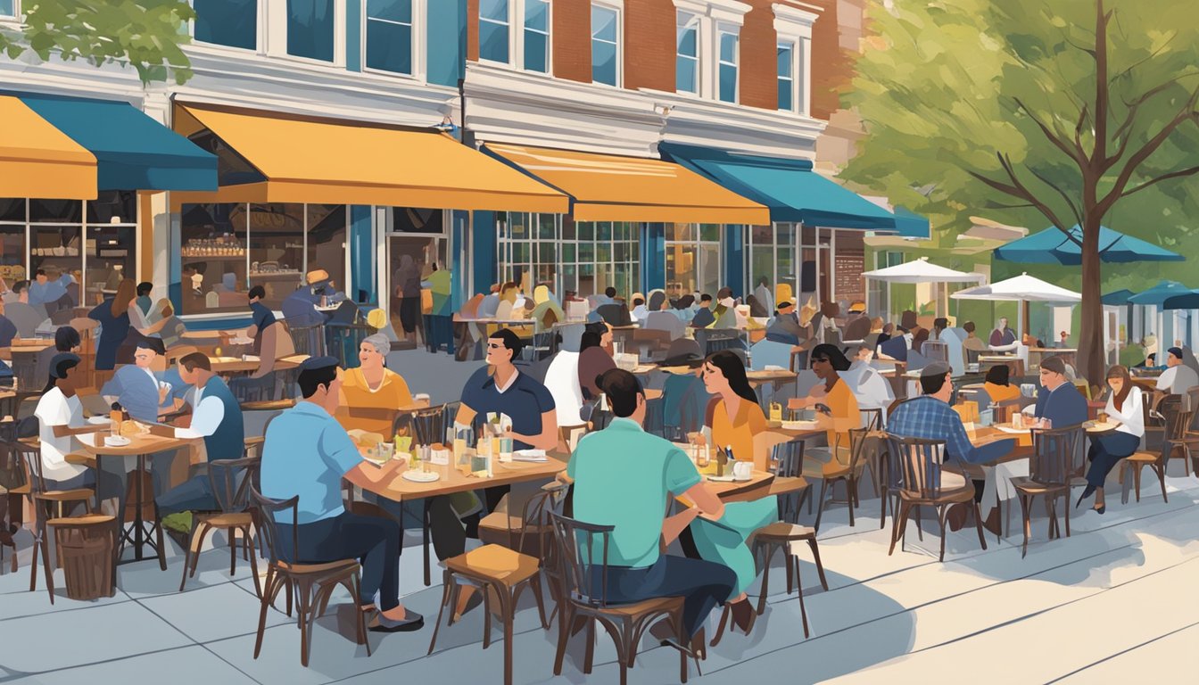 Busy DC restaurants with outdoor seating, bustling servers, and diverse patrons enjoying a variety of cuisines