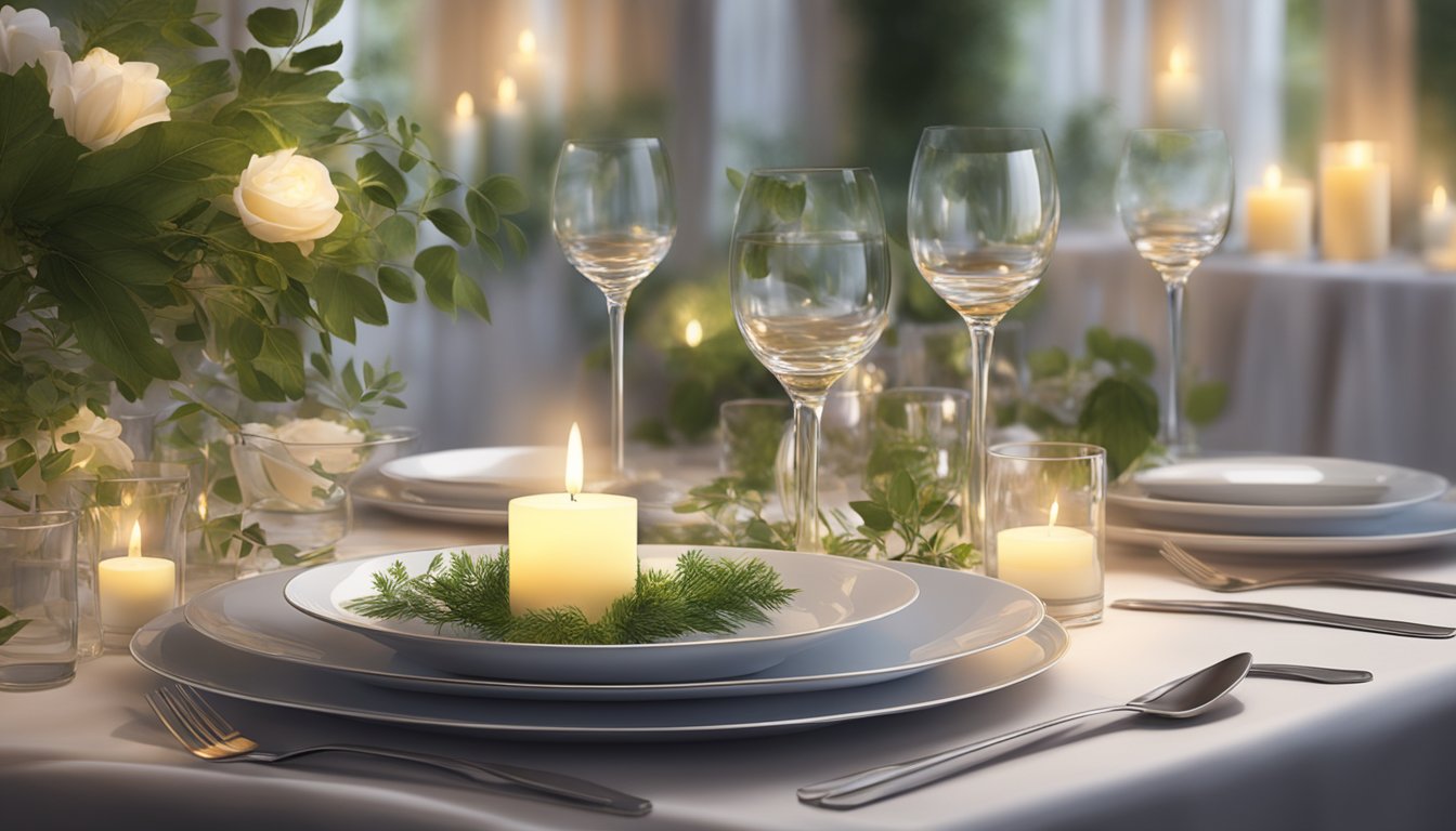 A table set with elegant dinnerware and sparkling glassware, surrounded by soft candlelight and lush greenery, creating a warm and inviting atmosphere