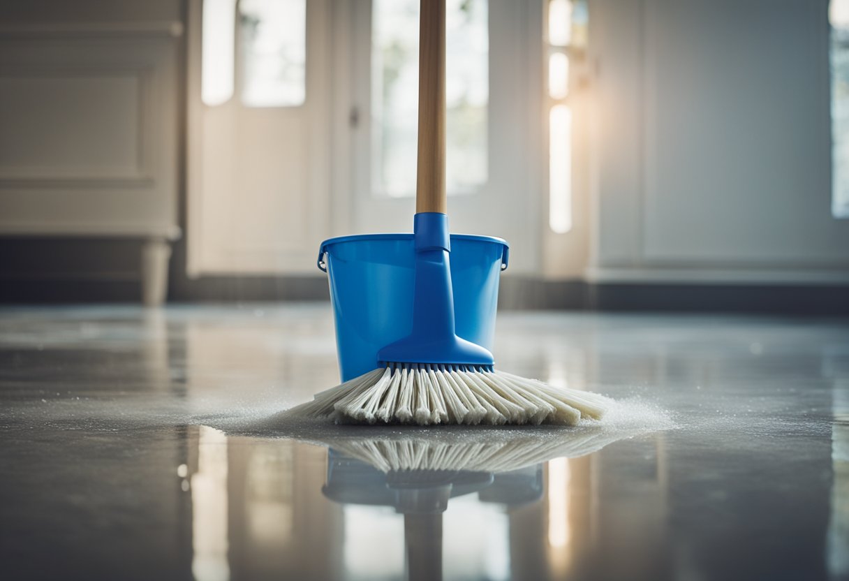 A bucket of soapy water, a scrubbing brush, and a mop sit next to a pile of dirty floor tiles. A dustpan and broom are nearby