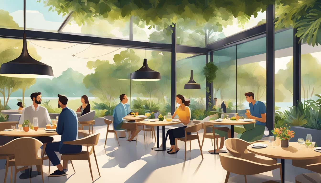Customers savoring gourmet dishes in a sleek, modern restaurant with an open-air concept, surrounded by lush greenery and calming natural elements