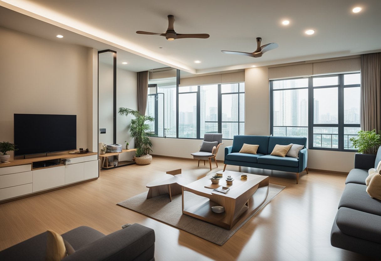 A spacious HDB flat with modern renovations, sleek furniture, and clever storage solutions. Light streams in through large windows, creating a bright and inviting atmosphere