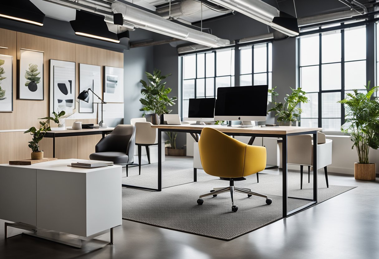 A sleek, open-plan office with minimalist furniture, natural light, and pops of color. Clean lines, modern artwork, and a mix of materials create a dynamic and inviting space
