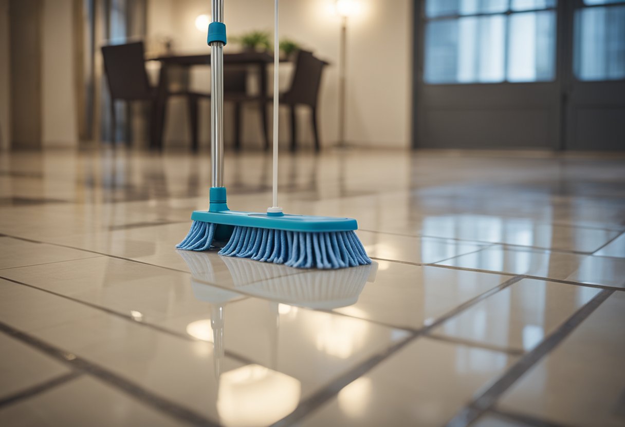 A mop glides over freshly renovated floor tiles, leaving behind a glistening sheen. A spray bottle sits nearby, ready for any stubborn spots