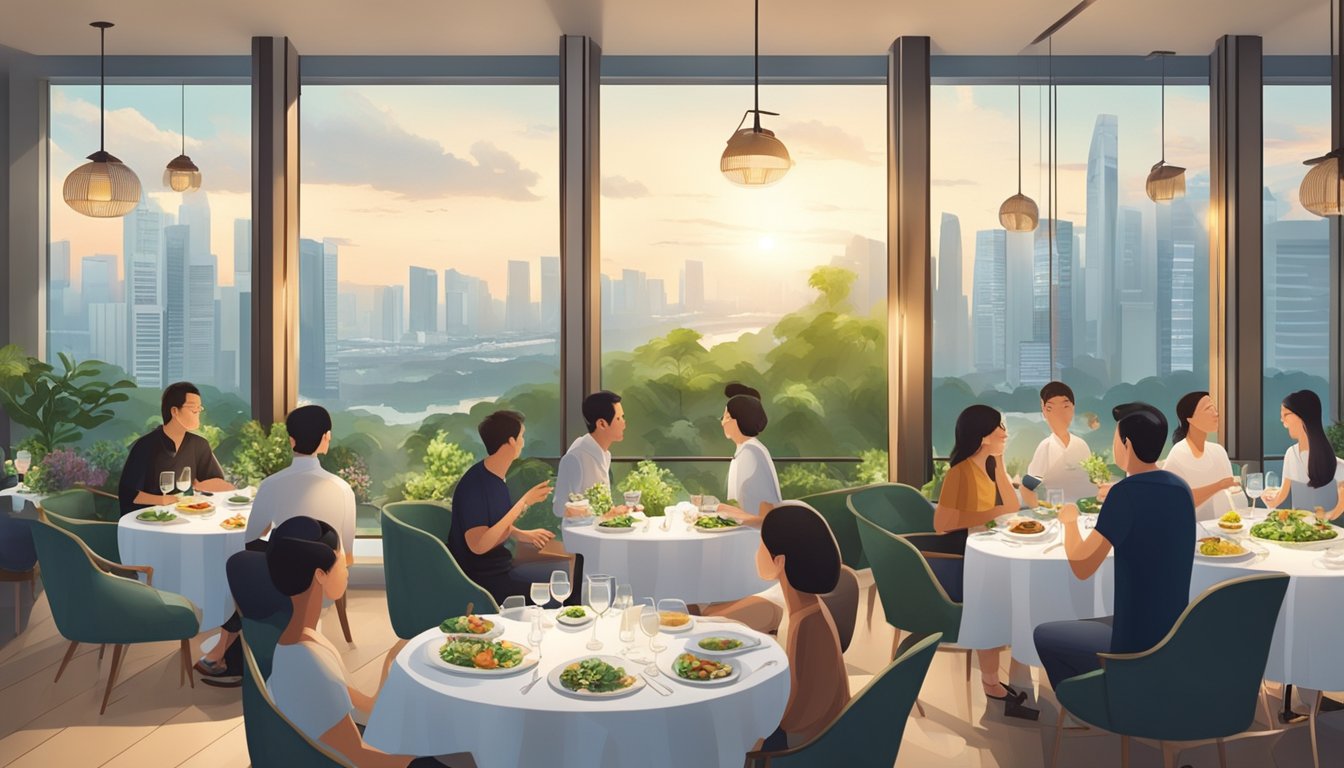 Customers dining at an elegant restaurant in Singapore, with a modern and airy atmosphere, surrounded by lush greenery and enjoying the city skyline view
