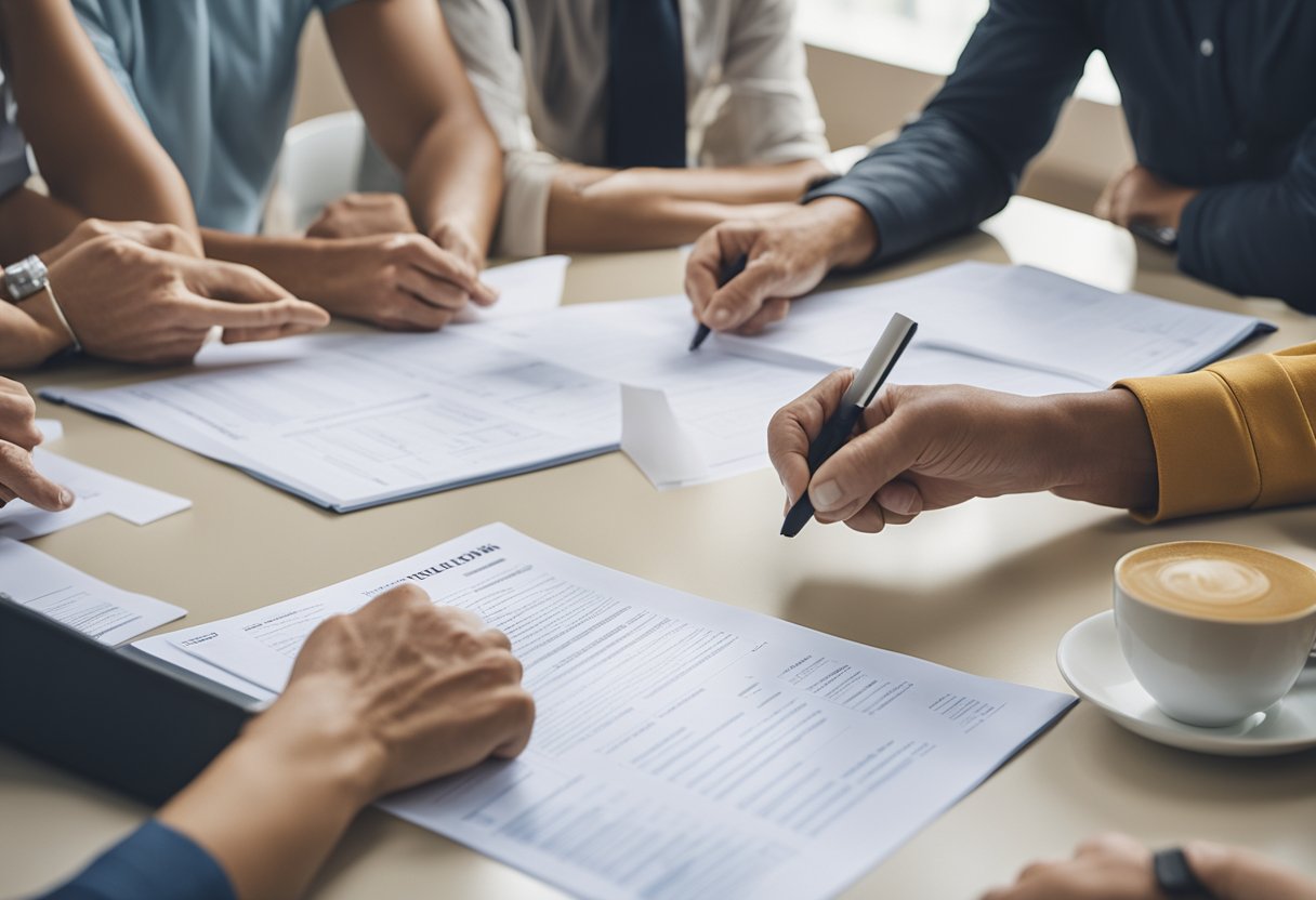 A group of people are gathered around a table, discussing and pointing at a list of frequently asked questions about good HDB renovation contractors