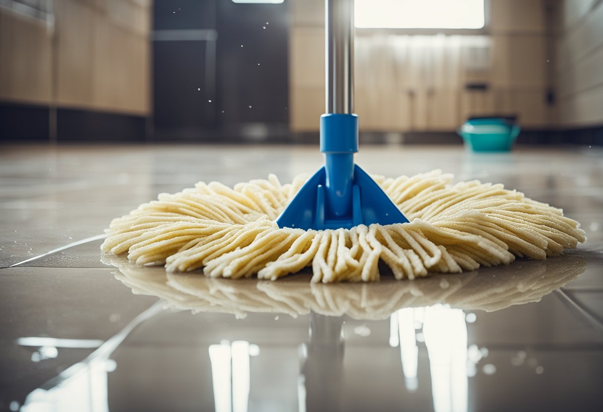 A mop and bucket with soapy water, scrub brush, and dirty floor tiles with renovation debris