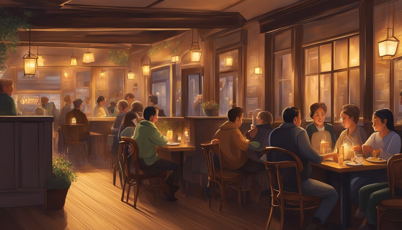 Customers entering a cozy, dimly-lit restaurant with warm, inviting ambiance. The aroma of delicious food fills the air as they take in the elegant decor and welcoming atmosphere