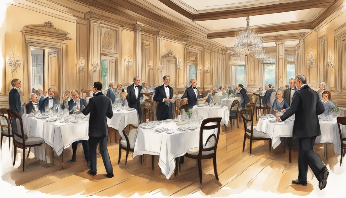 Guests enter a warmly lit, elegant restaurant. A maître d' greets them with a smile, leading to a table set with fine linens and gleaming silverware. Servers move gracefully, attending to every need