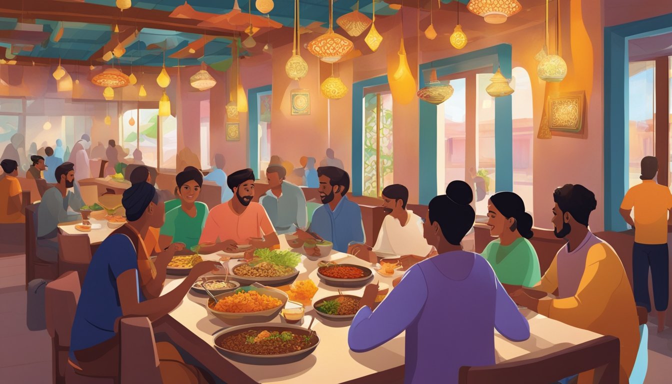 Customers enjoying diverse dishes at New Mahamoodiya Restaurant, with colorful decor and aromatic spices filling the air