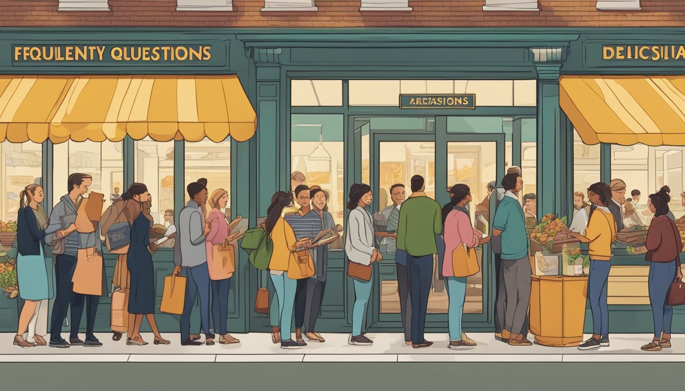 Customers line up at a bustling restaurant entrance, eagerly reading a sign that says "Frequently Asked Questions." The aroma of delicious food wafts through the air as people chat excitedly in anticipation