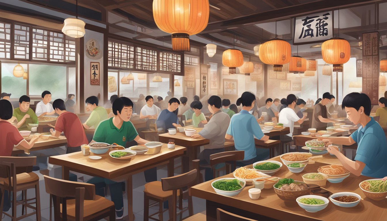 The bustling Gang Yuan Beef Noodle Restaurant, with steaming bowls and chopsticks, filled with hungry customers