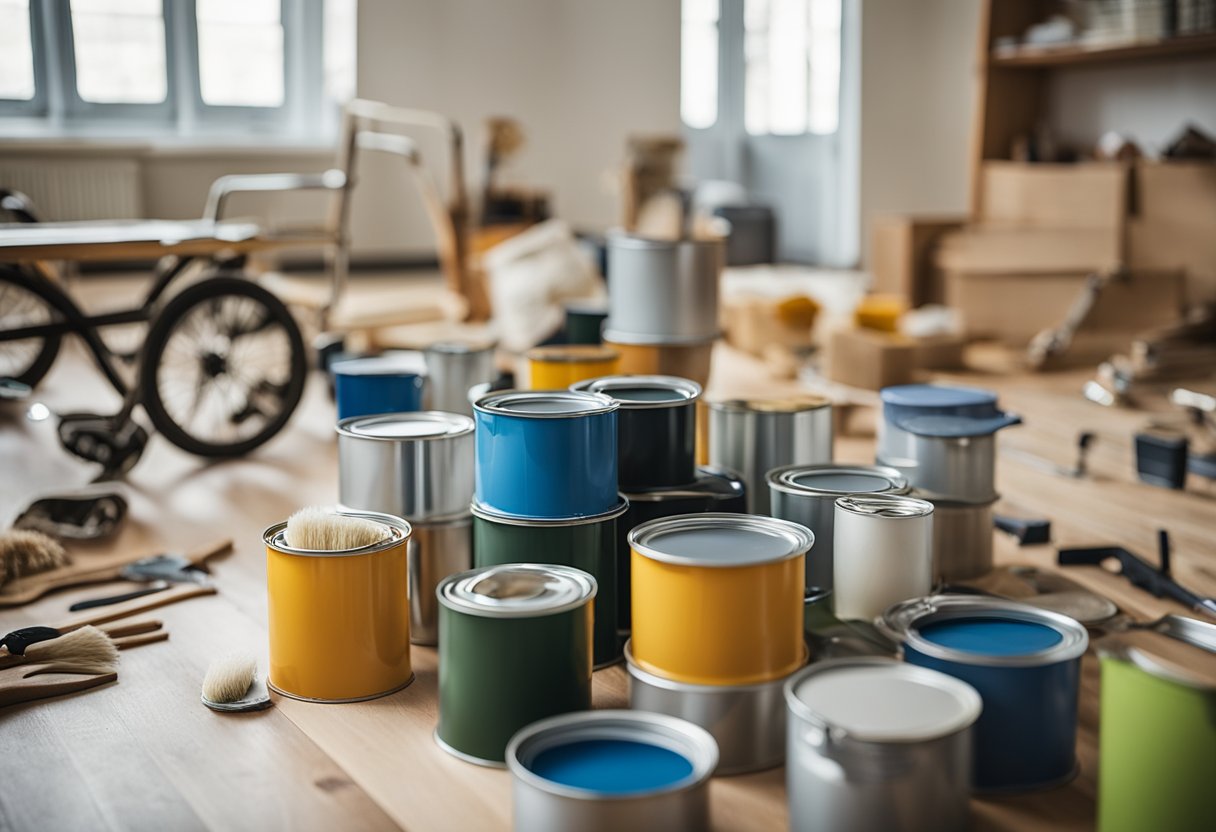 Elderly home renovation: Paint cans, brushes, and tools scattered on the floor. A wheelchair-accessible ramp being installed. Bright, open space with natural light