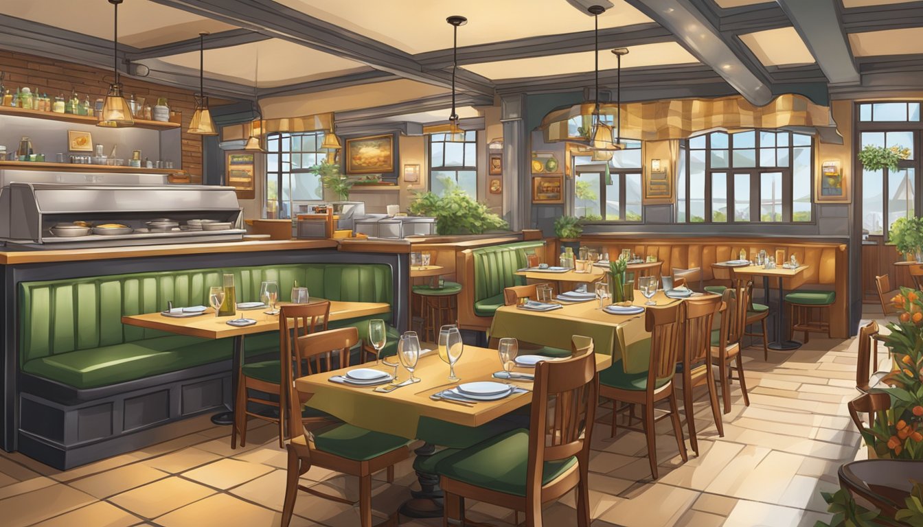 The bustling restaurant features cozy booths, a bustling kitchen, and a lively atmosphere