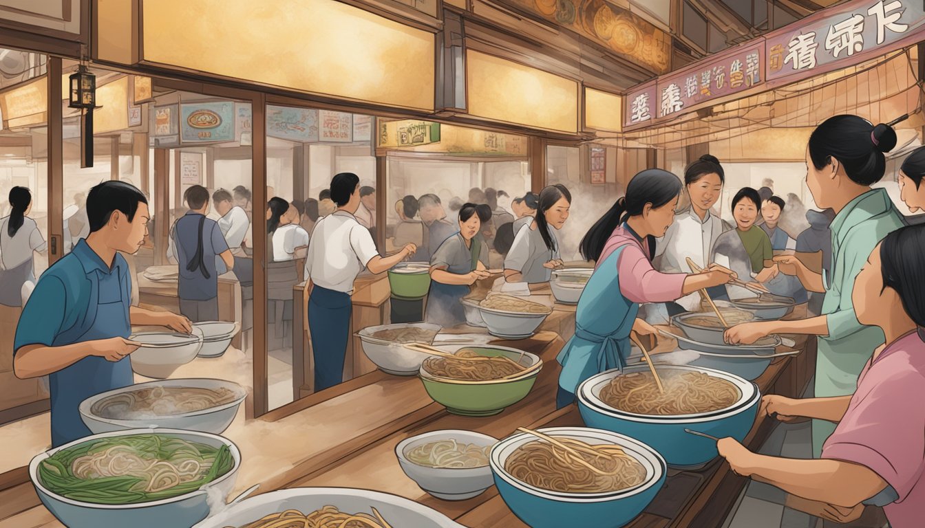 Customers entering a bustling noodle restaurant, with steam rising from bowls of savory beef broth and the sound of chopsticks clinking against ceramic bowls