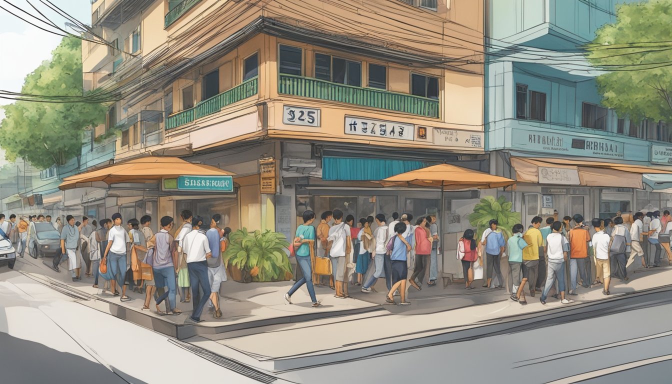 A bustling street scene outside New Mahamoodiya Restaurant in Singapore, with a prominent sign displaying the address "335 Bedok Rd" and a crowd of people entering and exiting the establishment