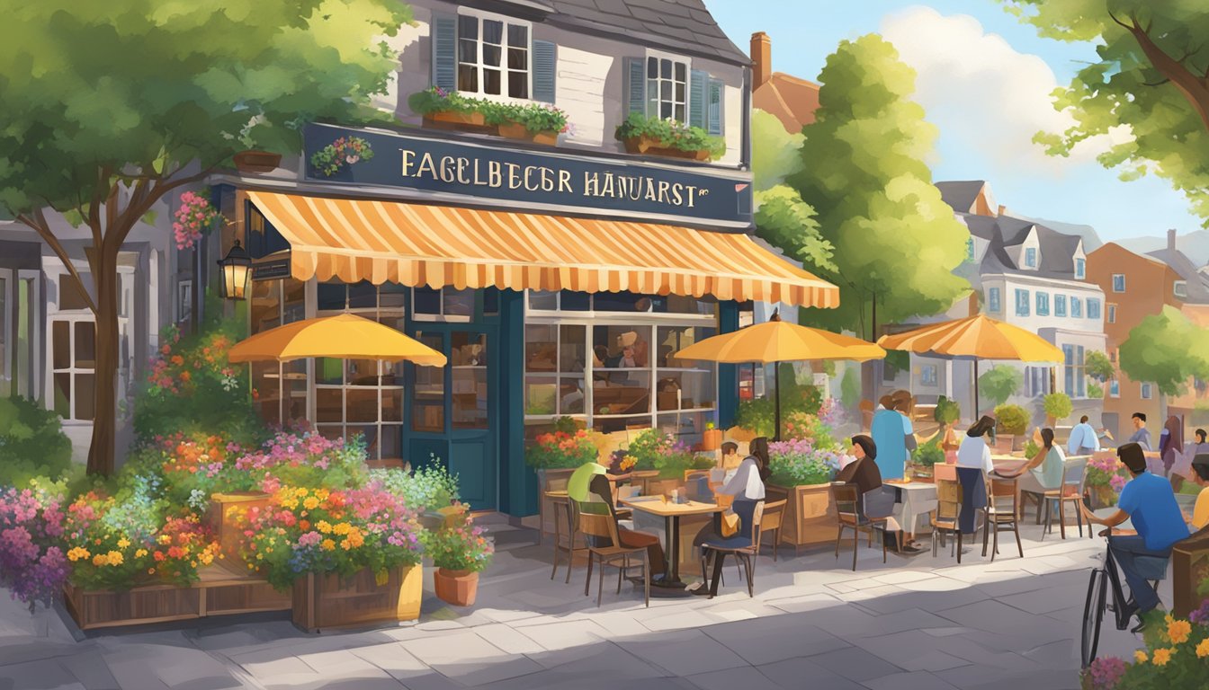 A bustling village restaurant with colorful outdoor seating, blooming flower boxes, and a welcoming sign
