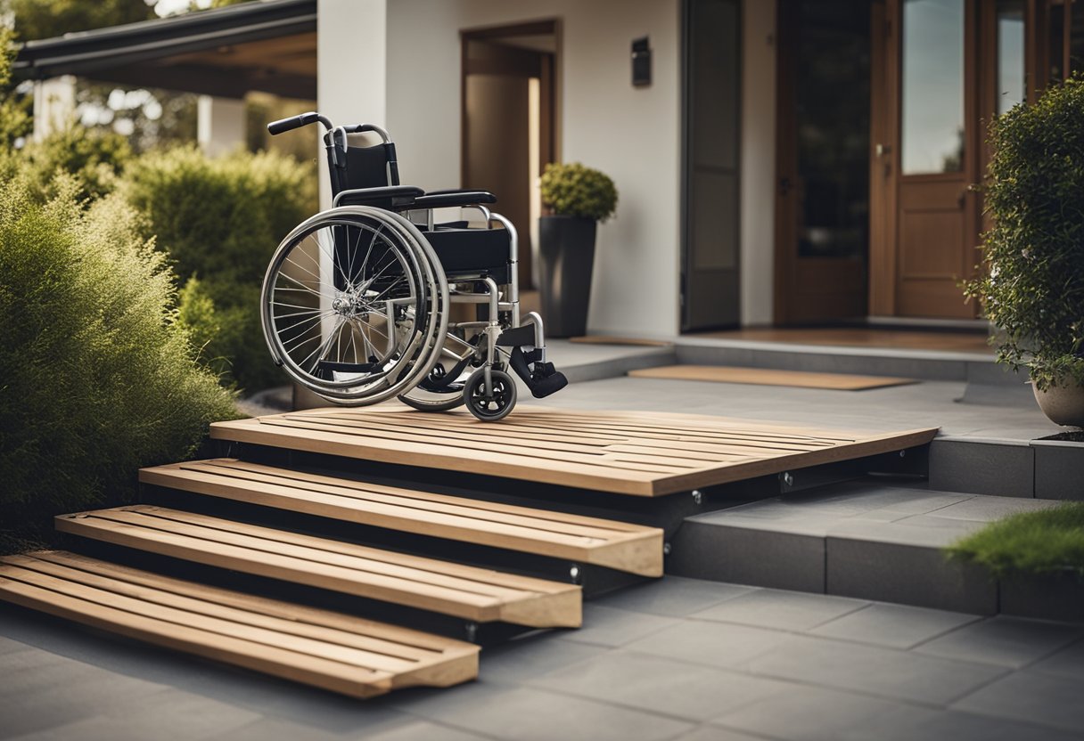 A wheelchair ramp is being built at the entrance of a house, with handrails and non-slip surface for safety and mobility